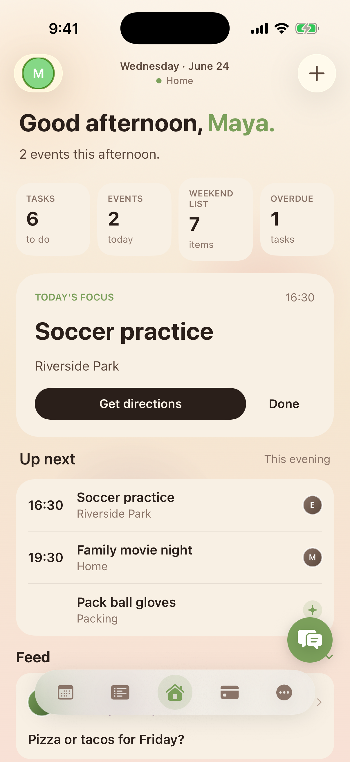 Kinrows home screen — today's events, the family's tasks, and the shared feed